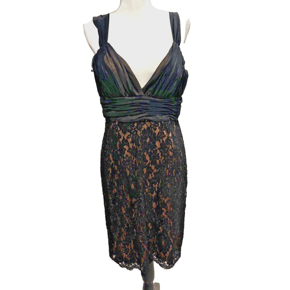 JS BOUTIQUE Sexy Black Evening Dress Size 14 Sheer Beaded lace overlay skirt